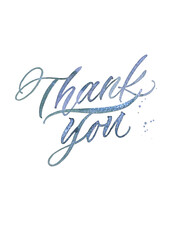Obraz premium Handwritten Thank You in shimmering glitter blue ink with brush calligraphy