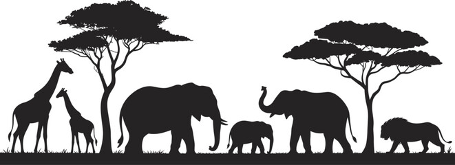 African, safari, wildlife, silhouettes, with, elephants, giraffes, lions, acacia, trees, savanna, landscape, nature, conservation, illustration, isolated, black, white, background, panorama © meftahul creatives