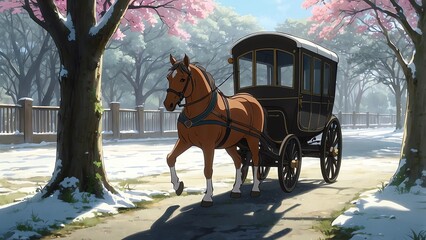 ゲーム背景　雪の日の道路を歩く貴族用の高級馬車がある風景