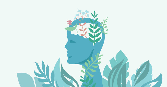 Mental health awareness illustration of human mind with peaceful nature banner background.