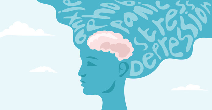 Mental health awareness illustration of human mind and peace banner background.