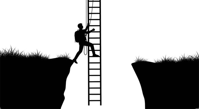 silhouette of a man with a backpack climbing a tall ladder placed between two cliff edges