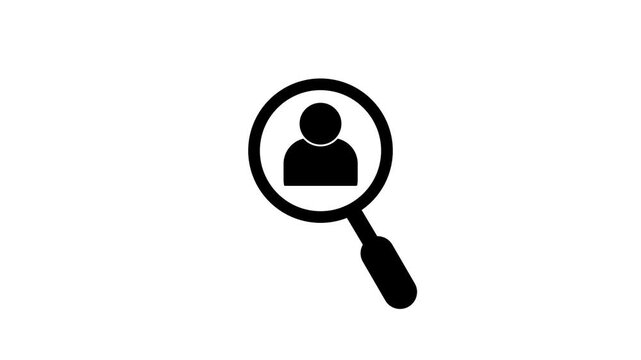 Animated human resource icon with magnifying glass and person symbol for hiring, recruitment, and user search on white background.
