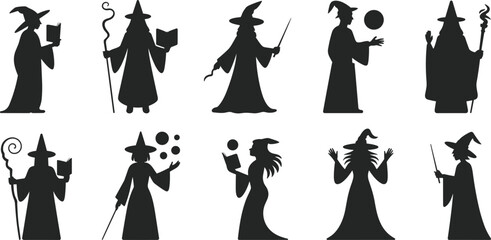 Wizard silhouette collection, fantasy mage characters, spellcaster poses, magic staff wand, witch sorcerer icons, isolated black vector set illustration design © meftahul creatives