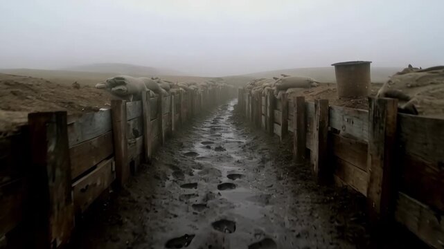 Foggy trench at dawn with muddy ground and bunker walls, trench fading into misty distance, trench footage for battlefield line, military defense, frontline position, war landscape outdoors