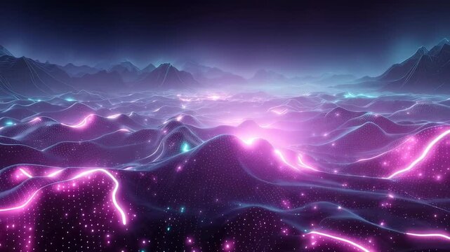 Futuristic aerial flyover of glowing neon waves and particle terrain in a digital landscape purple and blue light cinematic view