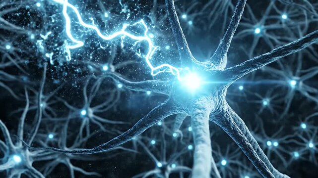 Abstract Neuron Synapse Impulse Electrical Signal Transmission In Brain Neural Network Science Technology Motion Background