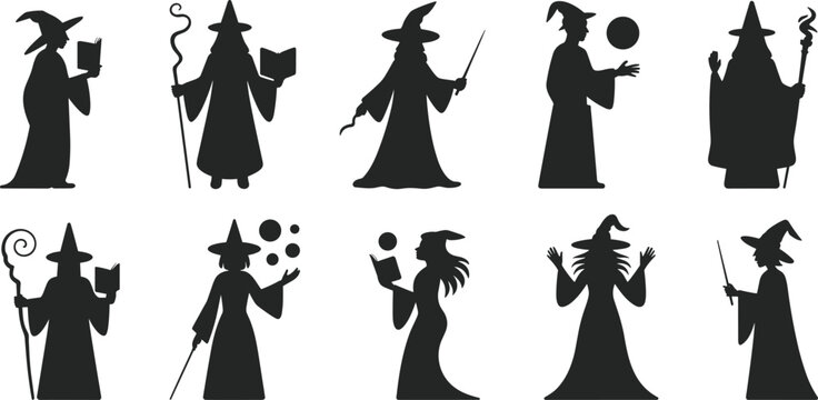 Wizard silhouette collection, fantasy mage characters, spellcaster poses, magic staff wand, witch sorcerer icons, isolated black vector set illustration design