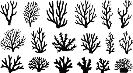 Black coral silhouettes collection, marine reef branch shapes, underwater sea life icons set, minimal vector illustration, isolated white background design © meftahul creatives