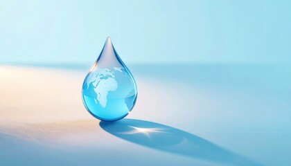 Fototapeta premium Clear liquid drop containing etched world continents rests on a light surface with soft background illumination