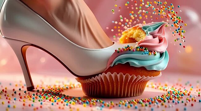 A vibrant cupcake with pastel frosting and sprinkles exploding in a colorful display, viewed from the front on a light surface.