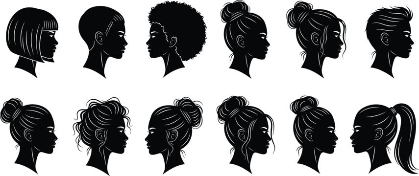 Collection of Female Profile Silhouettes with Various Hairstyles Including Afros Buns Ponytails and Pixie Cuts for Hair Salon Beauty Branding
