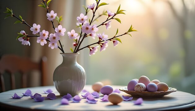 Primavera e pasqua: composizione con vaso con rami di pesco e mandorlo e  con uova di pasqua decorate