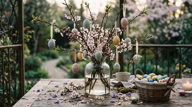 Primavera e pasqua: composizione con vaso con rami di pesco e mandorlo e  con uova di pasqua decorate