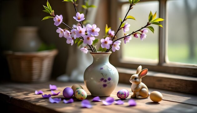 Primavera e pasqua: composizione con vaso con rami di pesco e mandorlo e  con uova di pasqua decorate