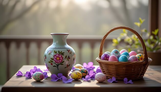 Primavera e pasqua: composizione con vaso con rami di pesco e mandorlo e  con uova di pasqua decorate