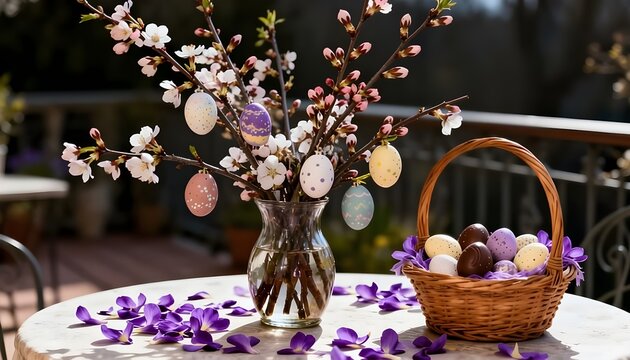 Primavera e pasqua: composizione con vaso con rami di pesco e mandorlo e  con uova di pasqua decorate
