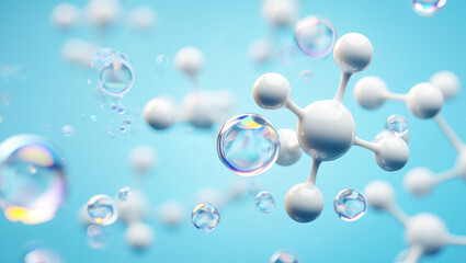 Hyaluronic acid molecules floating on soft blue background for skincare and cosmetic science applications, copy space, Collagen or retinol or ceramide molecule, hyaluronic acid, peptides