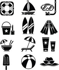 a collection of black silhouette icons representing summer vacation activities like swimming surfing and relaxing on the beach high quality professional © GolamKibria