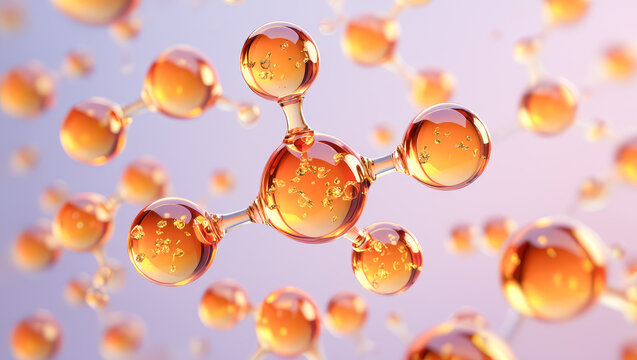 Golden molecule structure illustration, floating on soft pink background, beauty and skincare concept, cosmetic advertising, Collagen or retinol or ceramide molecule. Molecular structure swatch