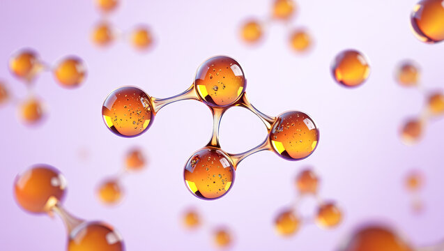 Orange transparent molecules, floating in purple background, biotechnology, cosmetic science research, suitable for skincare and chemistry innovation advertising, Collagen, retinol, ceramide molecule