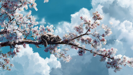 Abundant Cherry Blossom Canopy Against Bright Blue Sky