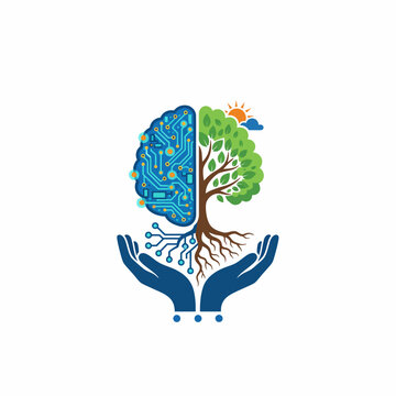 Digital brain and tree illustration depicting eco-friendly technology concept, hands holding growth symbol, abstract representation of sustainable development