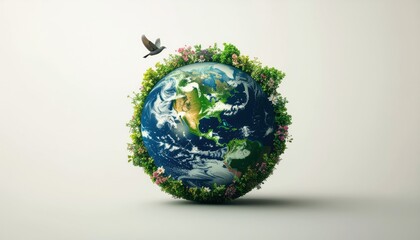 Fototapeta premium Globe adorned with flourishing greenery and a soaring bird floats against a light background