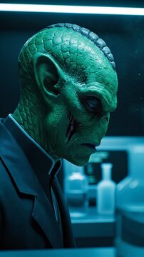 Green alien creature stands in a futuristic laboratory. Sci-fi alien with scaly skin is inside a science lab. Extraterrestrial looks down in the laboratory. Sci-fi scene shows a space alien.