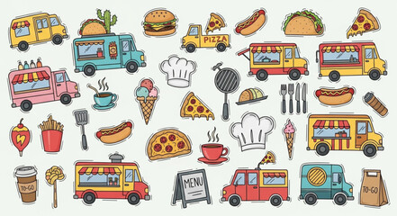 Collection of colorful food trucks and fast food items.