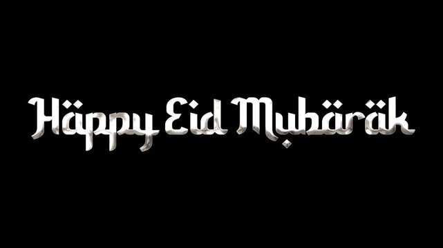 Eid calligraphy. Text happy eid mubarak in silver font suitable for greeting cards, social media posts, posters, and festive designs. Joyful and elegant.