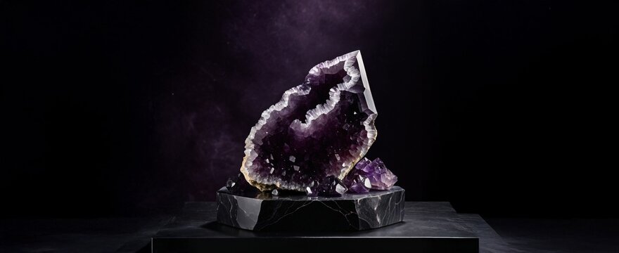 Amethyst Geode Crystal on Black Marble Podium for Luxury Product Display