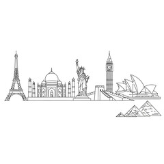 Obraz premium World travel line art Iconic global landmarks representing international journeys, cultural exploration, and architectural marvels from diverse destinations