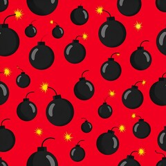 A vibrant digital illustration of explosive objects on red