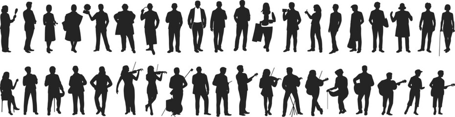 Business and Musician People Silhouettes Set, Professional Men Women Standing Poses Isolated on White Background Vector Style Collection Design Concept