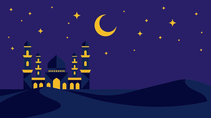 Ramadan Iftar Night Scene with Mosque Under Starry Sky