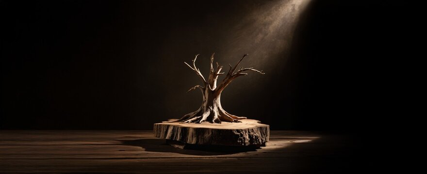 Dead Tree Sculpture on Wood Podium with Dramatic Spotlight for Product Display