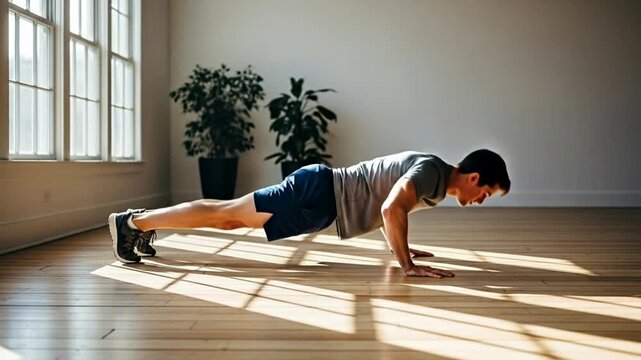 A man performing push-ups in a sunlit indoor space.