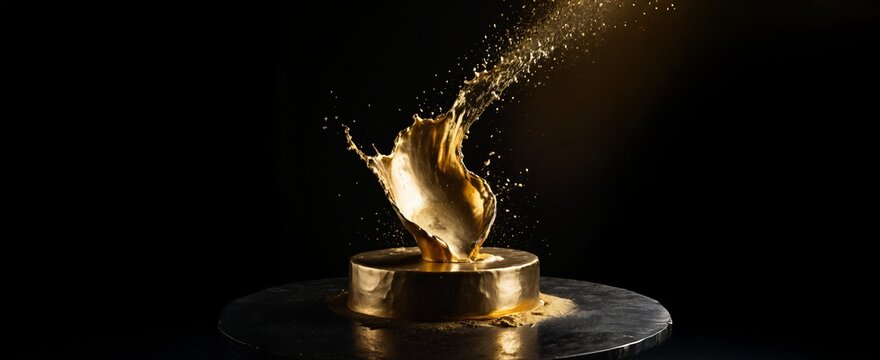 Gold Liquid Splash on Podium with Black Background for Luxury Product Display