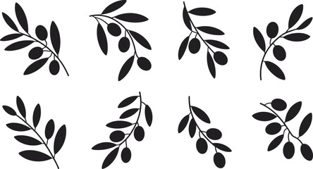 Minimal olive branch silhouettes, botanical leaves and olives, elegant floral elements set, black vector icons isolated on white background design