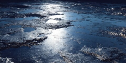 Moonlit Tundra with Reflective Metal Fragments Under Cold Night Sky