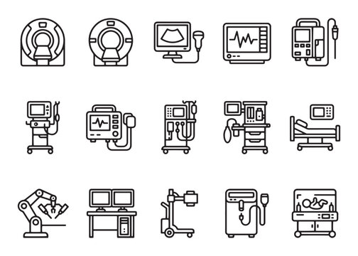Medical diagnostic equipment line icons set healthcare technology and patient care