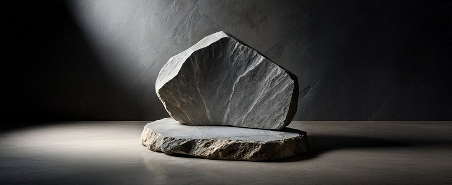 Stone podium background for product display with dark grey slate texture