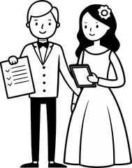 Bride and groom holding checklist together, simple outline vector icon, black and white line art, white background, minimal flat style, wedding planning theme