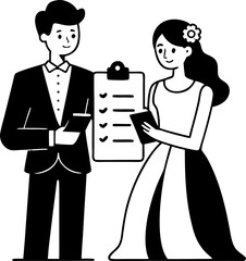 Bride and groom holding checklist together, simple outline vector icon, black and white line art, white background, minimal flat style, wedding planning theme