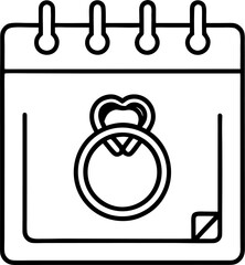 Calendar page with wedding ring symbol marked on date, minimal line vector icon, black and white, thin outline, white background, flat design, simple wedding planning concept