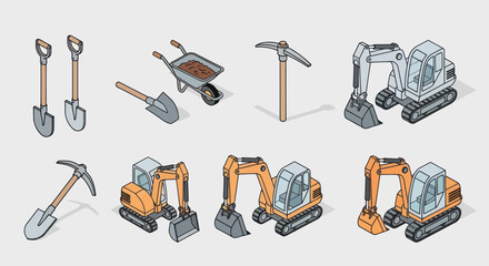 Excavators and Construction Equipment Icons Set. © Fahri