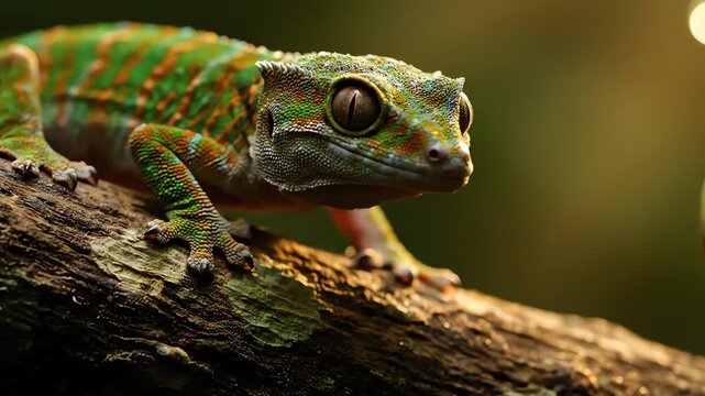 Close-up of a colorful chameleon perched on a tree branch with a blurred green background, showcasing its vibrant green and orange scales in a natural setting.