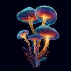Fototapeta premium Brightly colored mushrooms glow in vivid neon hues, creating an enchanting and luminous effect against a dark black background.