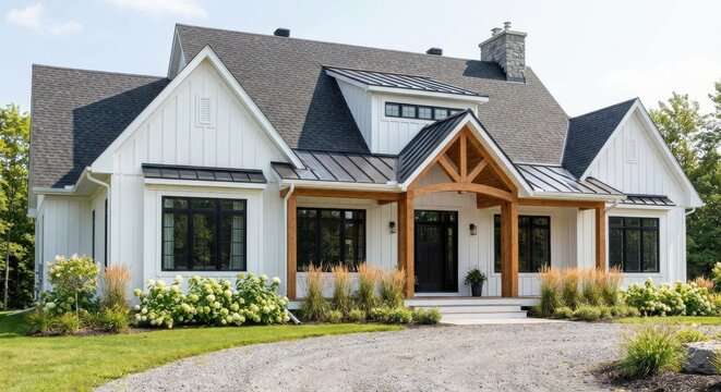 Beautiful modern white farmhouse with black windows and a dark roof stands proudly on a sunny day, showcasing elegant architecture and inviting curb appeal